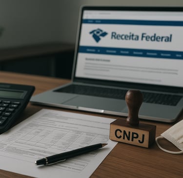 Mesa-escritório-profissional-calculadora-documentos-fiscais-carimbo-CNPJ