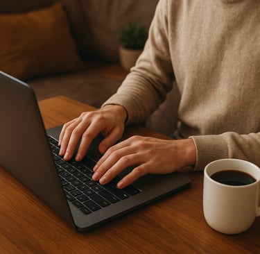 pessoa-trabalhando-computador-ambiente-aconchegante-xícara-café-lado