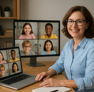 Professor-sorridente-em-frente-ao-computador-com-múltiplas-telas-mostrando-alunos-conectados