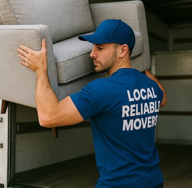 a man in a blue shirt is holding a couch and a couch