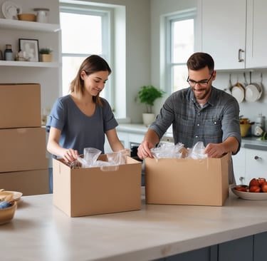 a man and woman are standing in a kitchen