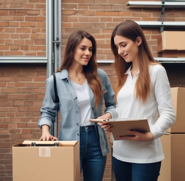 two women standing in front of boxes of boxes