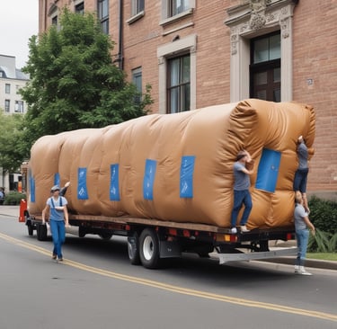 a large brown bagged truck with movers standing around it