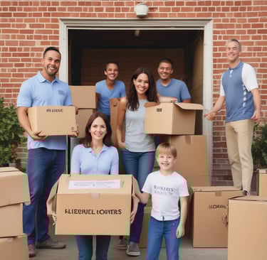 a family moving boxes in a garage