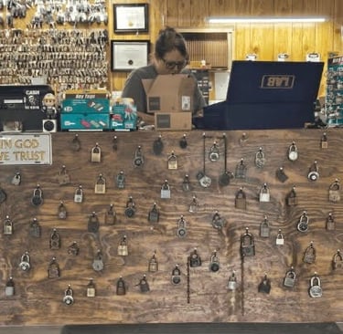 Interior wall of locks at Jack's Locksmith shop in Burnsville, North Carolina