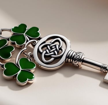 A close-up of a silver skeleton key with a Celtic design attached to a silver chain four leaf clover pendents.