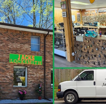 A hero image for Jack’s locksmith of a collage with the storefront in Burnsville, NC, and mobile locksmith services