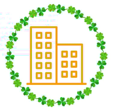 Jack's Locksmith orange building icon surrounded by ring of green clovers, representing trusted commercial locksmith services