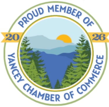 Yancey Chamber of Commerce 2026 Proud Member badge with Blue Ridge Mountain sunrise illustration