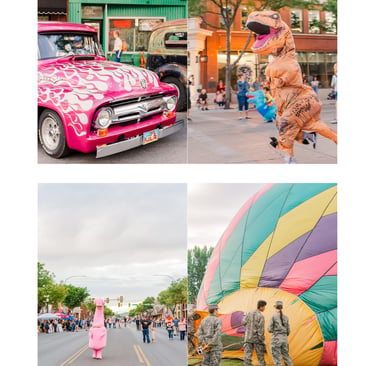 A collage of summer festival highlights featuring a pink flame vintage truck, dinosaur costume, and hot air balloon.