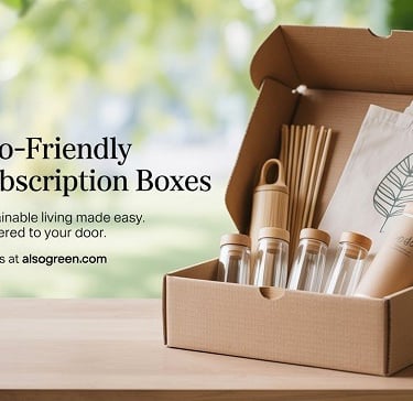 An eco-friendly subscription box filled with sustainable products like bamboo straws, reusable bags,
