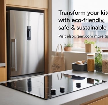 Eco-friendly kitchen with sustainable appliances, glass containers, bamboo utensils, and zero-waste