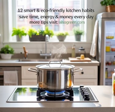 Eco-friendly modern kitchen showing organized glass jars, compost bin, energy-saving cooking habits.