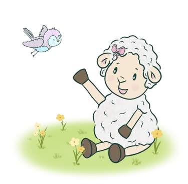 Adorable baby sheep illustration. Happy and comforting with purple bird as a friend
