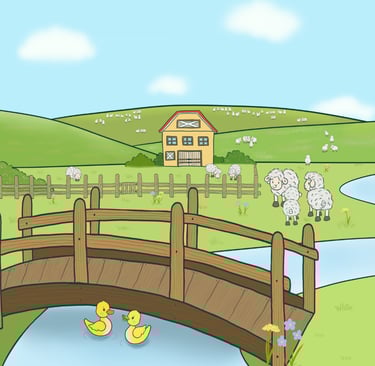 Colourful, cute illustration of green hills and pastures featuring farm animals like sheep and ducks
