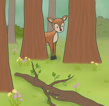 Illustrated forest seen with wildflowers and deer
