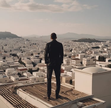 A person is installing solar panels on a metal rooftop with lush green hills in the background. The person is kneeling and using tools to secure the panels. The surrounding environment appears to be a natural, scenic area.