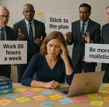 Entrepreneur struggling while trying to apply outdated business advice. Sitting at desk. 
