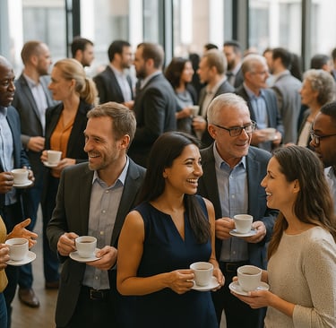 a group of people at a business networking event with cups of coffee