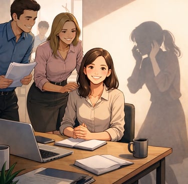 Woman being crowded in the workplace. Her shadow is scared but she appears to be smiling.