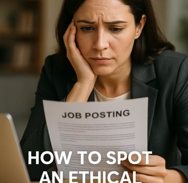 Professional woman looking concerned over a job posting. 