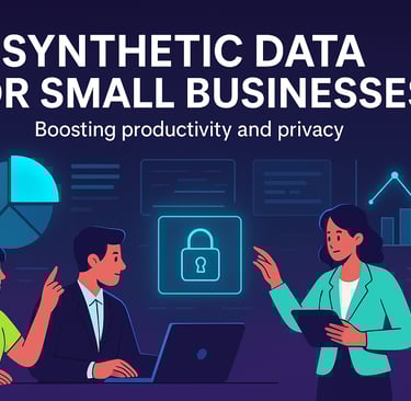 Illustration of three professionals discussing synthetic data in a digital workspace. 