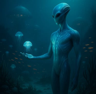 Imagem do Ser do Planeta K2-18b ilustrando a vida debaixo do Oceano com outros seres Bioluminosos