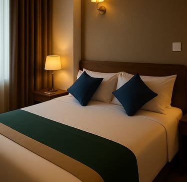 Modern hotel bedroom featuring a queen-sized bed with blue pillows and warm bedside lighting.