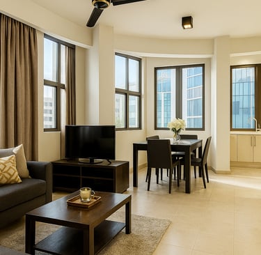 Modern open plan living room and dining area with dark wood furniture and large windows.