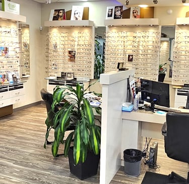 Eyewear found at bowmanville eye centre, display of optical glasses and sunglasses