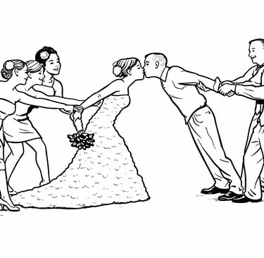Pose amusante de roulette photo avec mariés et témoins lors d’un mariage