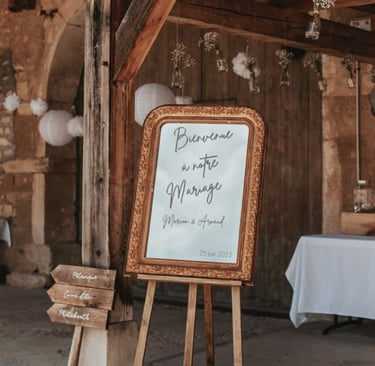 miroir, ancien et pupitre, décoration, mariage, scénographie, bienvenue