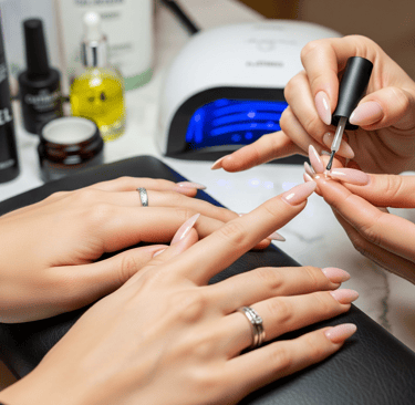 Profissional fazendo alongamento de unhas em cliente no salão We Hall Beauty em Bauru., melhor salão de unha express