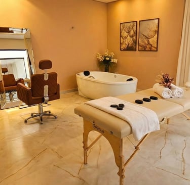 Sala de estética e SPA de luxo preparada para tratamento corporal no We Hall Beauty.