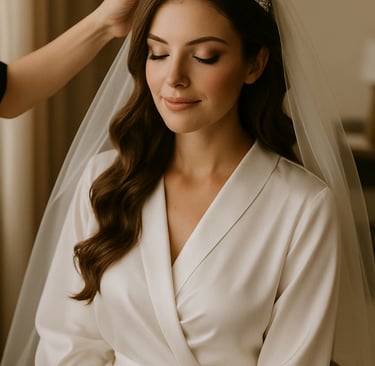 Noiva de pele clara, vestida com robe branco de cetim e tiara prateada, está sentada com os olhos fechados e expressão serena