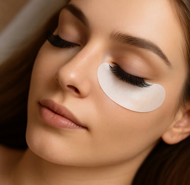 Mulher de pele clara e feições suaves com os olhos fechados, exibindo extensão de cílios perfeitamente aplicados na técnica f