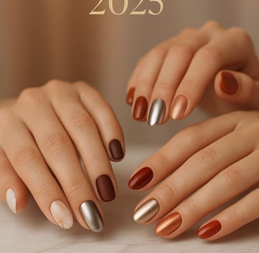 Mãos femininas elegantes com unhas bem cuidadas exibindo quatro estilos diferentes de nail art para o outono/inverno 2025: to