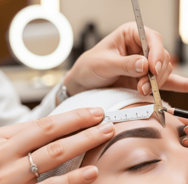 Designer de sobrancelhas usando visagismo em um salão de beleza premium em Bauru.