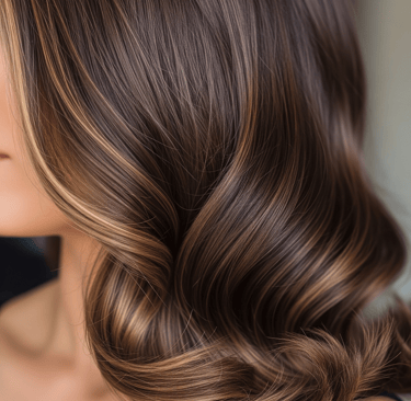 Resultado de mechas no estilo castanho iluminado, com cabelo finalizado em ondas elegantes e com brilho, um serviço do salão