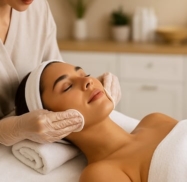 Mulher deitada em maca de estética recebendo tratamento facial, com profissional aplicando produto com pincel em ambiente sof