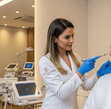Profissional de estética avançada fazendo avaliação facial em cliente no salão We Hall Beauty em Bauru.