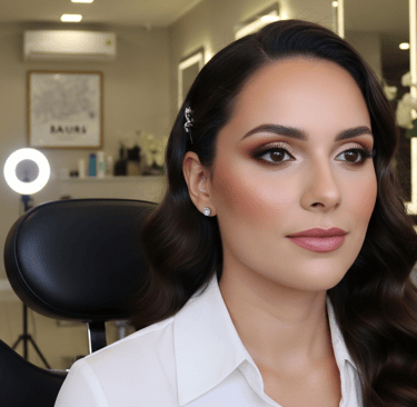 Mulher com maquiagem natural, radiante, em um salão de beleza premium em Bauru.