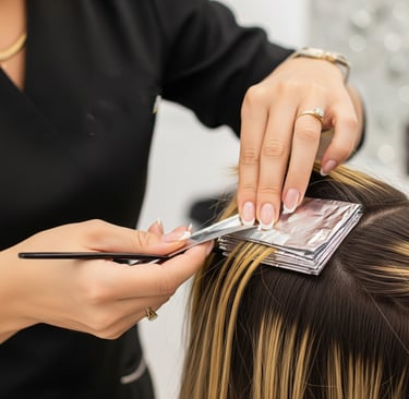 Profissional de cabelo fazendo avaliação capilar com microcâmera em cliente no salão We Hall Beauty em Bauru.