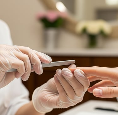 Manicure profissional aplicando esmalte em cliente em um salão de beleza premium em Bauru.