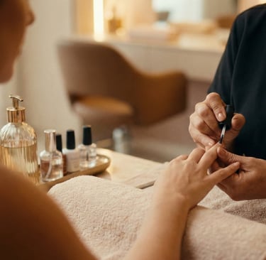 Manicure aplicando finalizador extra brilho nas unhas de uma cliente no salão We Hall Beauty.