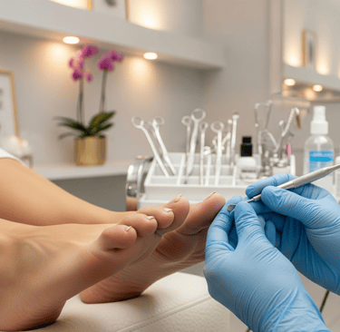 Podóloga profissional cuidando dos pés de uma cliente em um salão de beleza premium em Bauru.