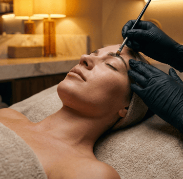 Especialista do We Hall Beauty realizando o procedimento técnico de Brow Lamination na maca.