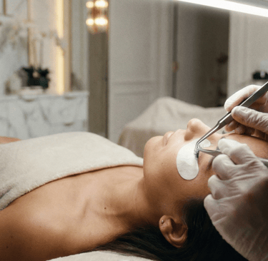 Profissional aplicando extensão de cílios com técnica fio a fio e biossegurança no We Hall Beauty.