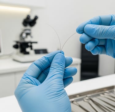 Tricologista profissional examinando fio de cabelo para diagnóstico no salão We Hall Beauty em Bauru.