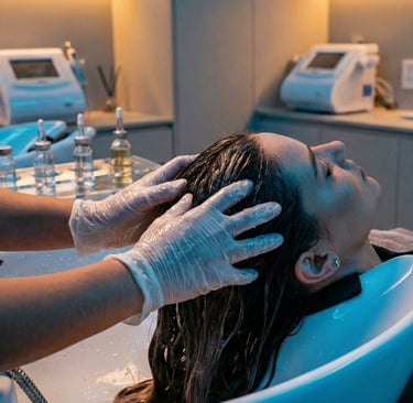 Terapeuta capilar realizando massagem e aplicação de tônico no couro cabeludo no We Hall Beauty.